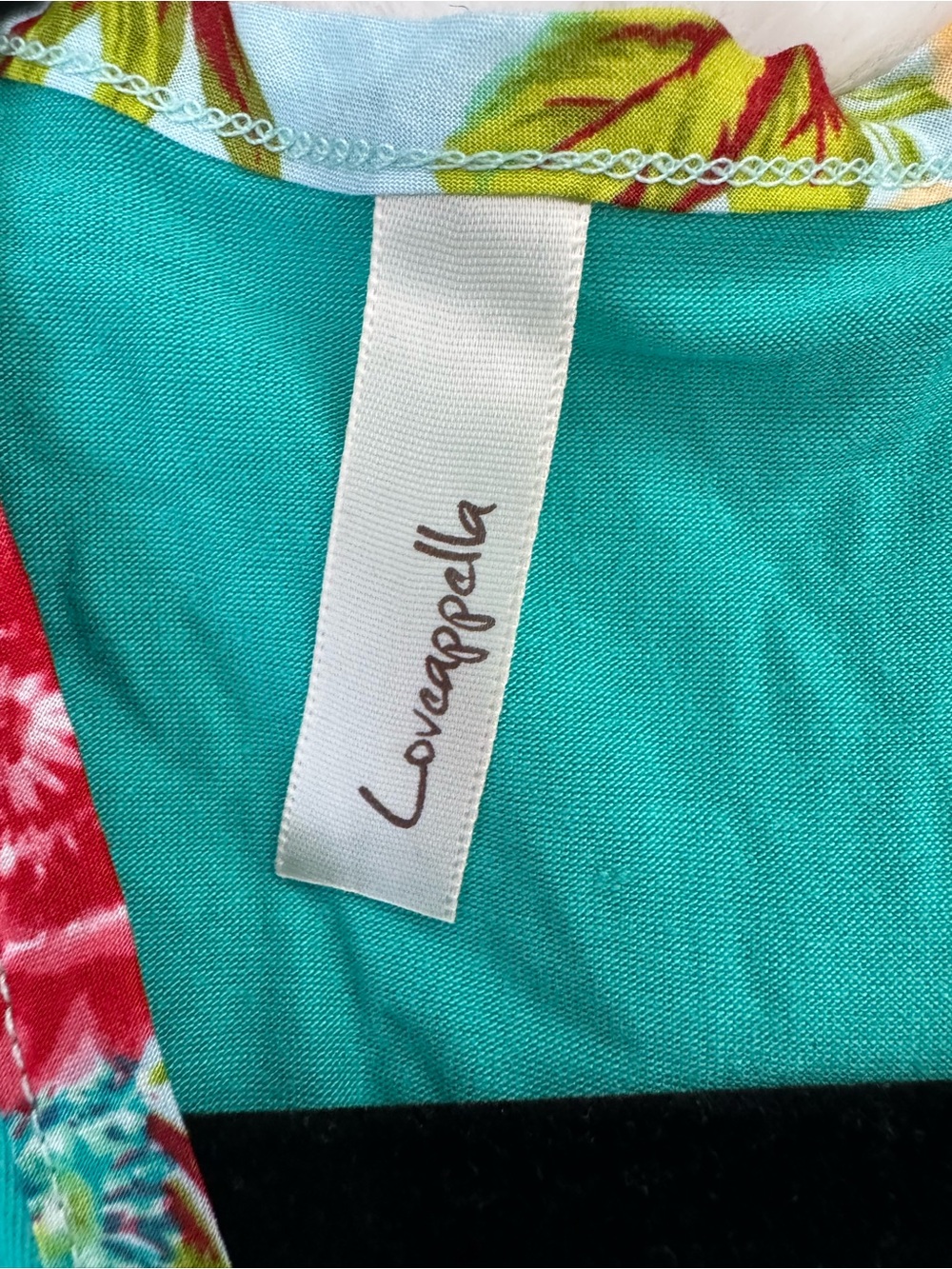 Loveappella Teal Wrap Style Dress with Multicolor Floral Trim - Picture 4 of 6